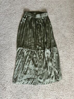 Philosophy satin Olive Green Pleated Tiered Maxi Skirt